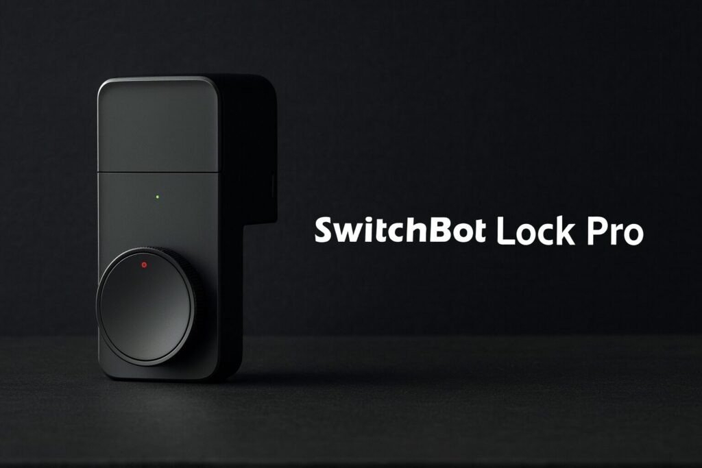 黒色の背景にSwitchBot Lock Proの商品画像と白色の文字