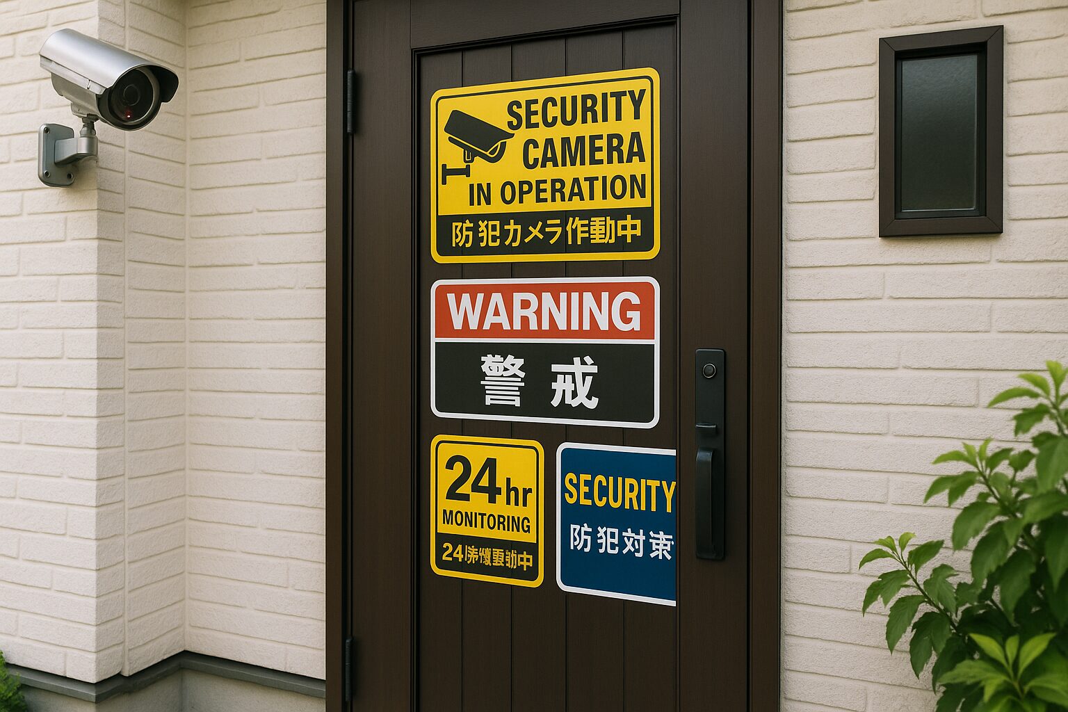 玄関ドアに貼られた複数の防犯ステッカー。「防犯カメラ作動中」「24時間監視」などの警告ステッカーが効果的に配置され、ダミーカメラも設置されている現代的な住宅の玄関
