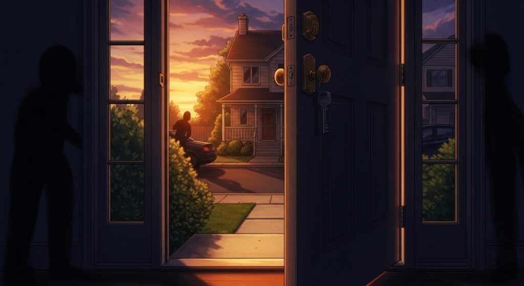 無締りの危険性を表現する住宅玄関の画像。鍵がかかっていない開いたドアから暖かい光が漏れ、潜在的な侵入リスクを示す夕暮れ時の住宅街の風景