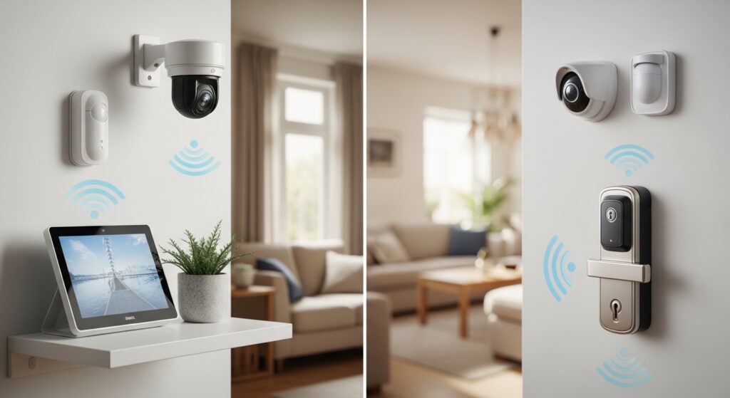 家庭防犯対策の多層セキュリティシステム。スマートホーム機器、防犯カメラ、センサー、従来の鍵が自然に統合された現代的な住宅インテリア