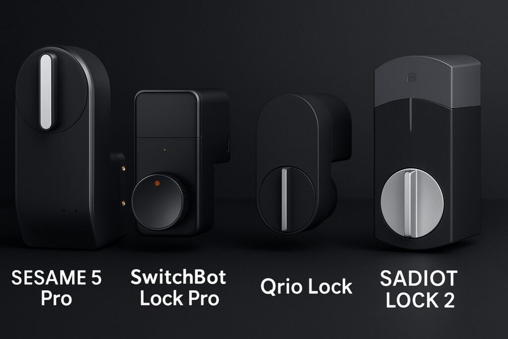 4つのスマートロックが並んでいる。白色の文字が抱えている