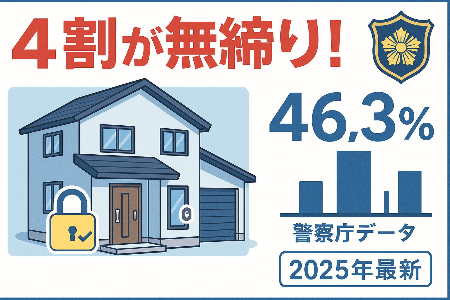 家の防犯対策ガイドのサムネイル画像。現代的な日本家屋のイラストにセキュリティロックが施され、大きく「4割が無締り!」の警告文字が赤色で表示。警察庁の統計データ46.3%を示すバーグラフと警察バッジのアイコンが配置され、2025年最新の侵入窃盗データに基づく鍵の閉め忘れ防止対策を紹介