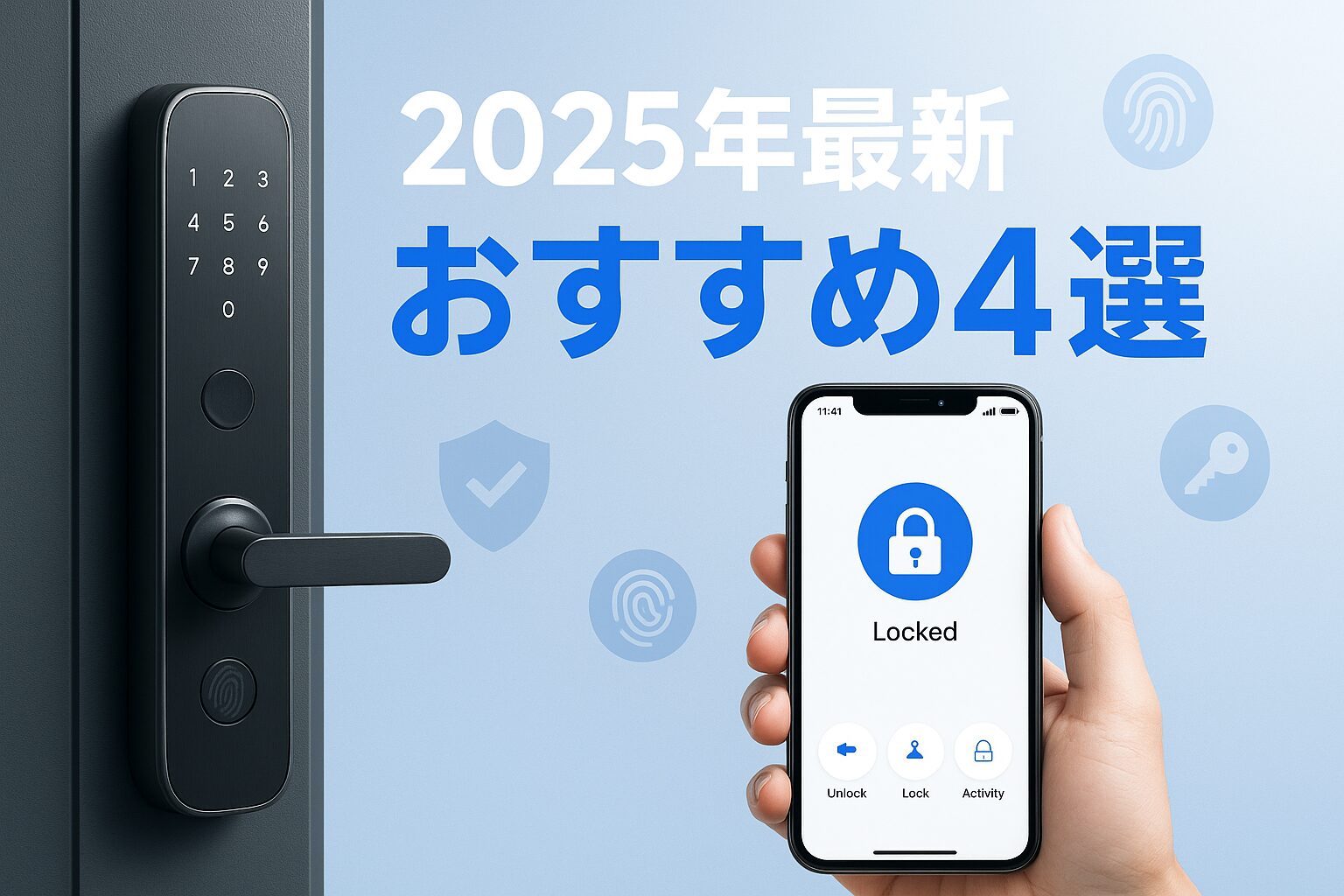 2025年最新スマートロックおすすめ4選比較 - スマートフォンでドア解錠する現代的なスマートロック製品とアプリ画面を表示した記事サムネイル画像
