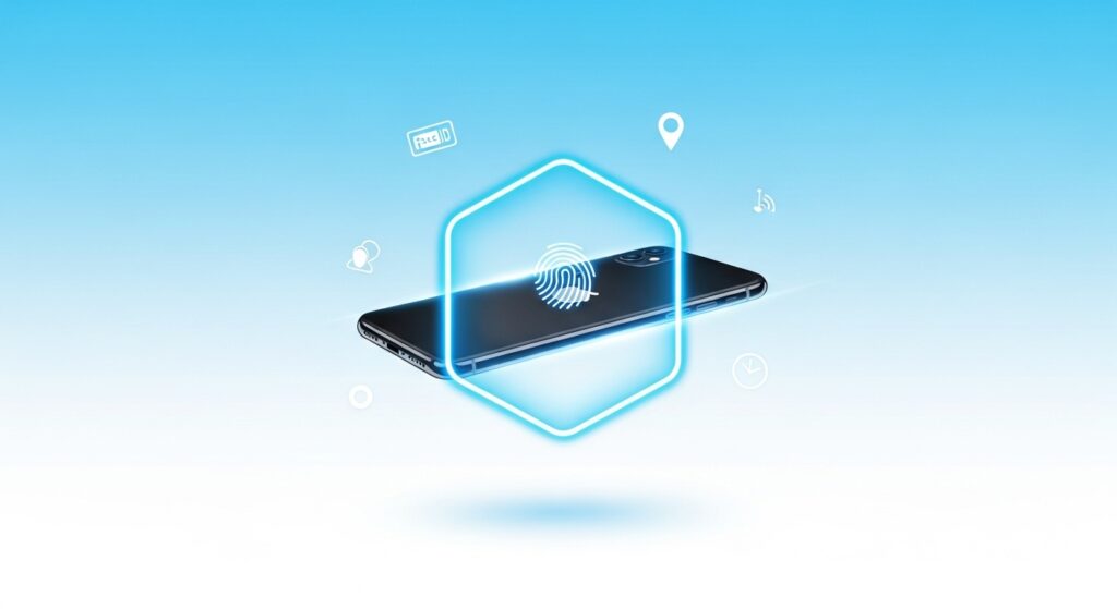iPhone盗難デバイスの保護機能を表現するイラスト - 防御シールドに守られたiPhoneと各種セキュリティアイコン