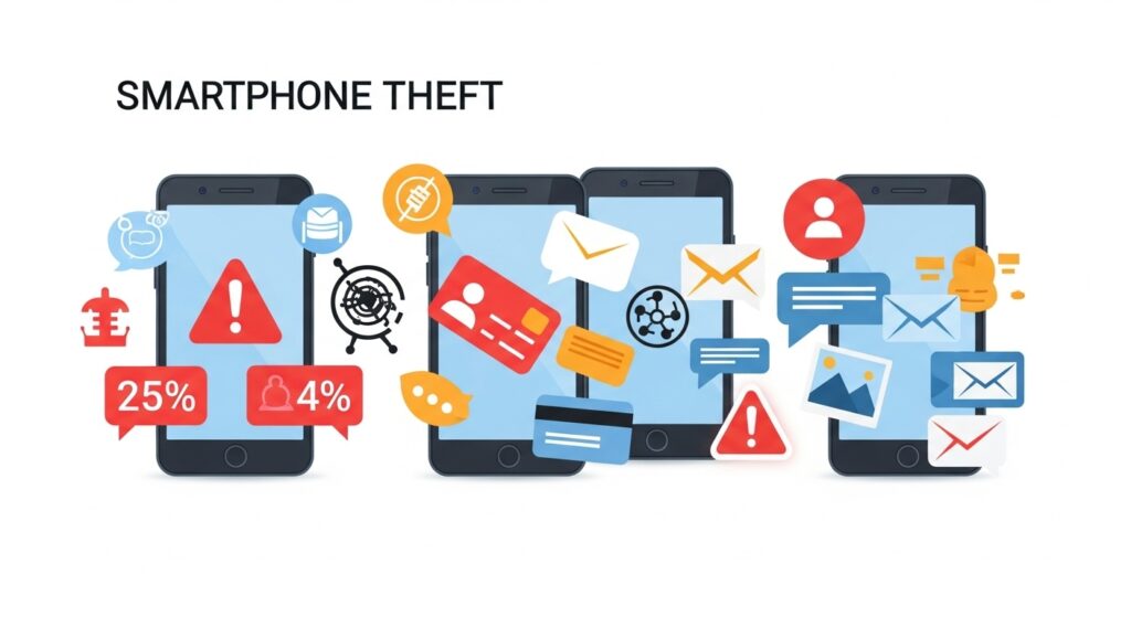 スマートフォン盗難のリスクを表現するインフォグラフィック - セキュリティ警告とデータ漏洩の危険性