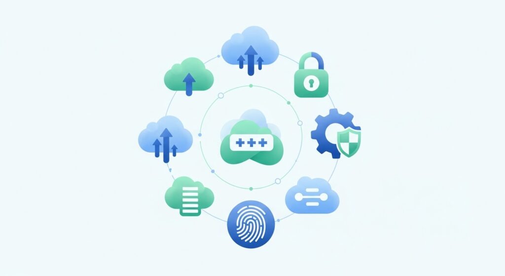 追加のiPhone防犯対策を表現するイラスト - 多層防御のセキュリティ対策に囲まれたiPhone