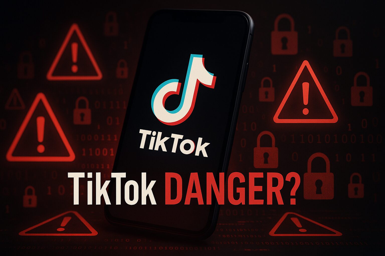 TikTokアプリのロゴが表示されたスマートフォンを中心に、赤い警告マーク、セキュリティアイコン、南京錠のシンボル、データストリームが配置された危険性を警告するサムネイル画像