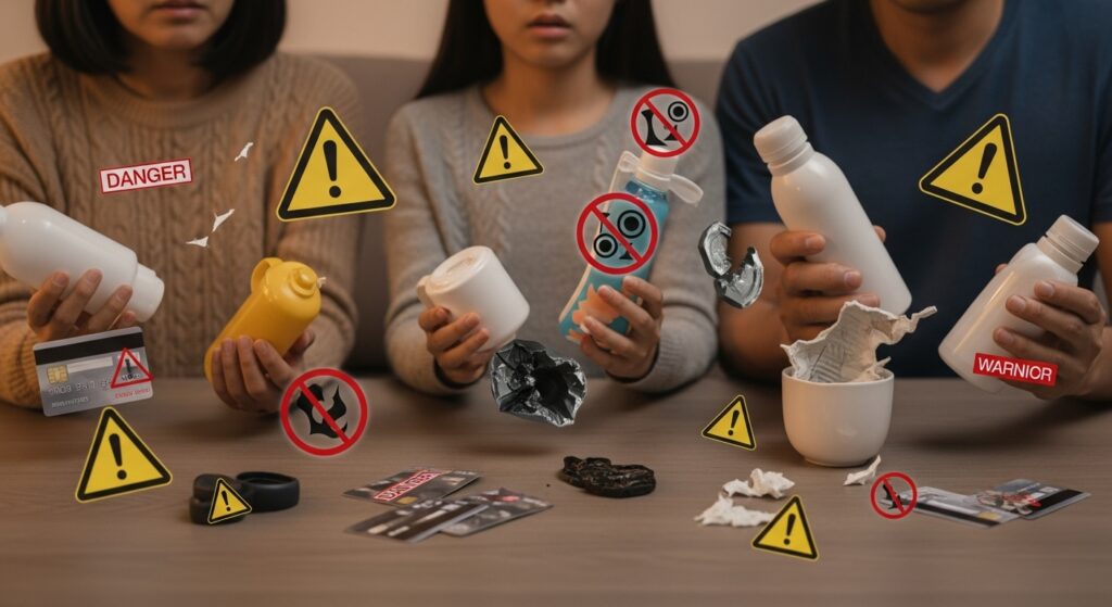 消費者リスクを表現した画像。心配そうな表情の人物が様々な商品を手に取り、周囲に警告マークや破損した製品、有害物質のシンボルが浮かんでいる