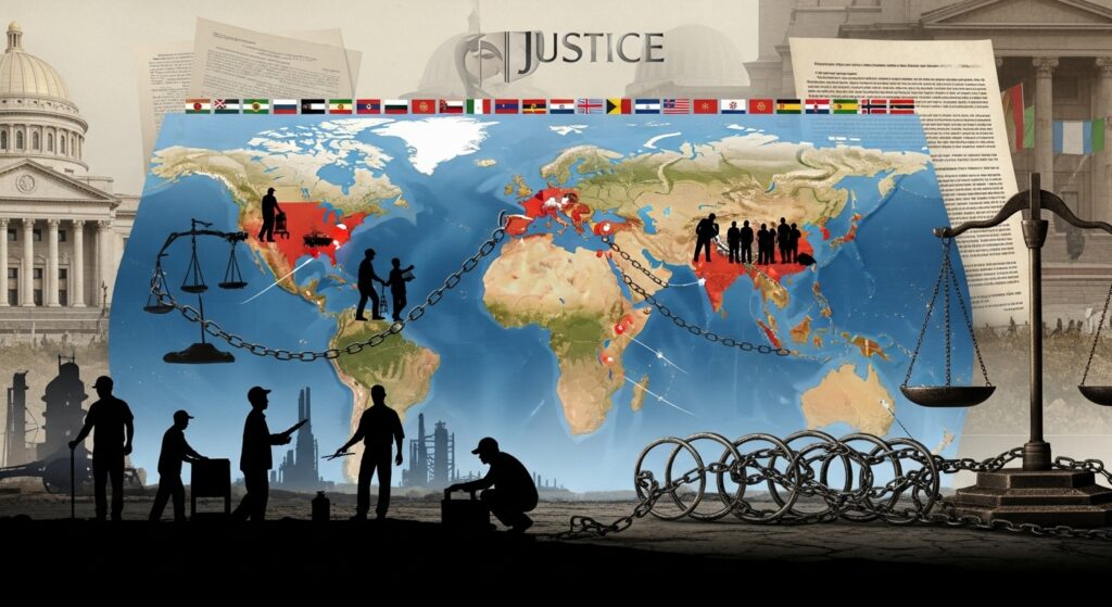 国際的な人権問題と法規制を表現した世界地図。工業地域のシルエット、政府建物、正義の象徴、複数国の旗が配置され、グローバルな構造的問題を示している