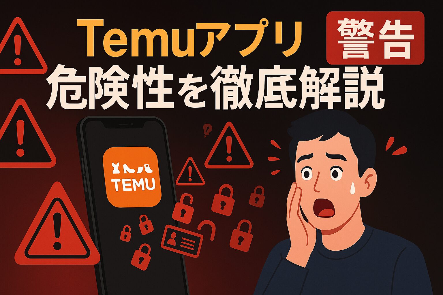 Temuアプリの危険性を警告するイメージ。スマートフォンに表示されたTemuアプリアイコンの周りに赤い警告マークと個人情報漏洩を示すアイコンが配置され、驚いた表情の人物が描かれている
