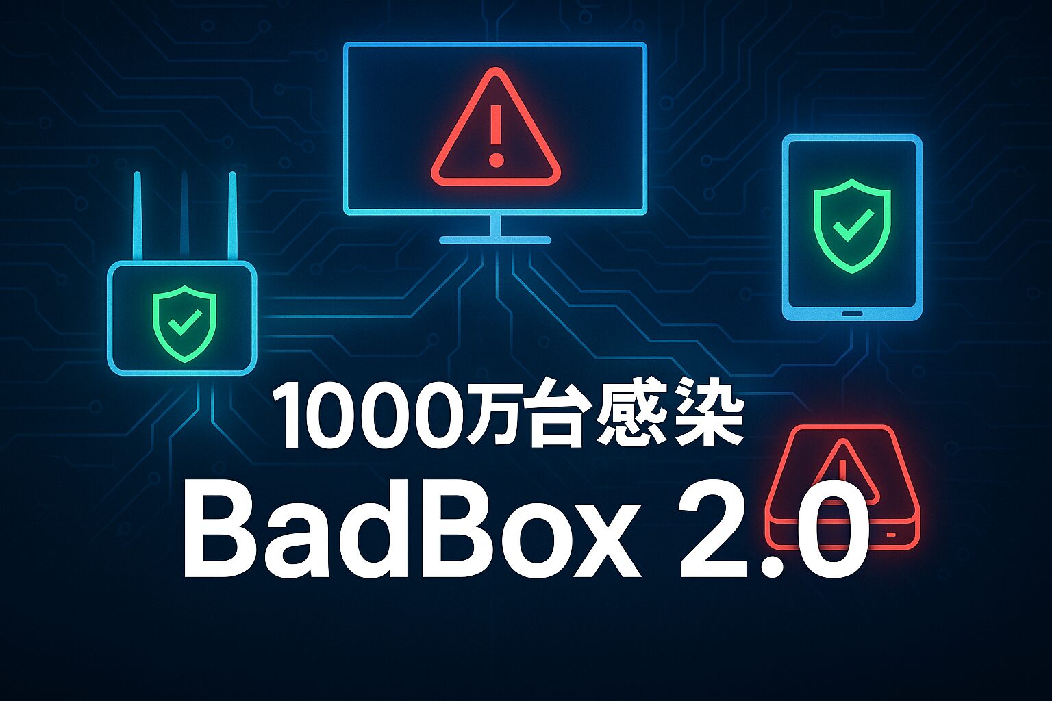 IoTデバイスのサイバーセキュリティ脅威を表現したインフォグラフィック。左側に赤い警告マークが付いた感染したスマートTV、ルーター、タブレットが配置され、右側に緑の盾アイコンで保護されたデバイスが対比されている。デバイス間は青と赤に光るネットワーク線で接続され、ダークブルーの背景にはサイバー空間を表現する回路パターンが描かれている。画面上部に「BadBox 2.0脅威レポート」、「1000万台感染」の文字が配置された現代的なサイバーセキュリティ啓発画像。