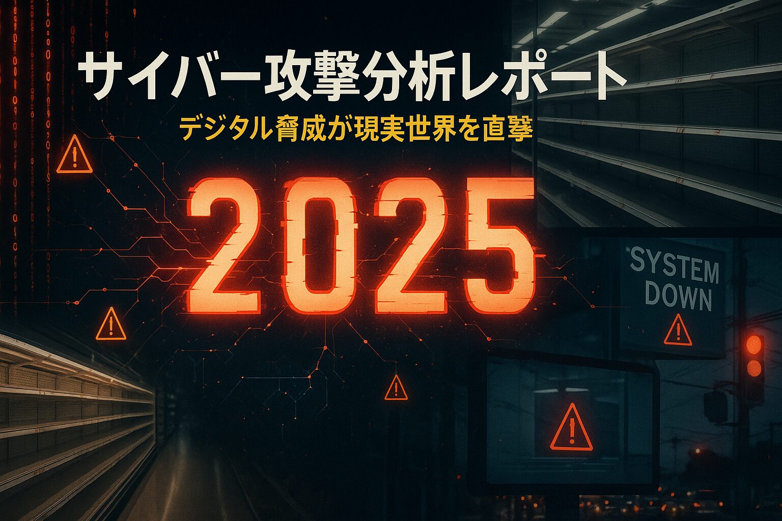 2025年上半期サイバー攻撃分析レポートのサムネイル画像。デジタルコードの雨と現実世界の混乱（空の店舗棚、停止したシステム）を左右に配置し、中央に赤く光る「2025」の文字。「サイバー攻撃分析レポート」「デジタル脅威が現実世界を直撃」のテキストオーバーレイ。警告色（赤、オレンジ、黄色）を使用した緊急性を表現するデザイン。