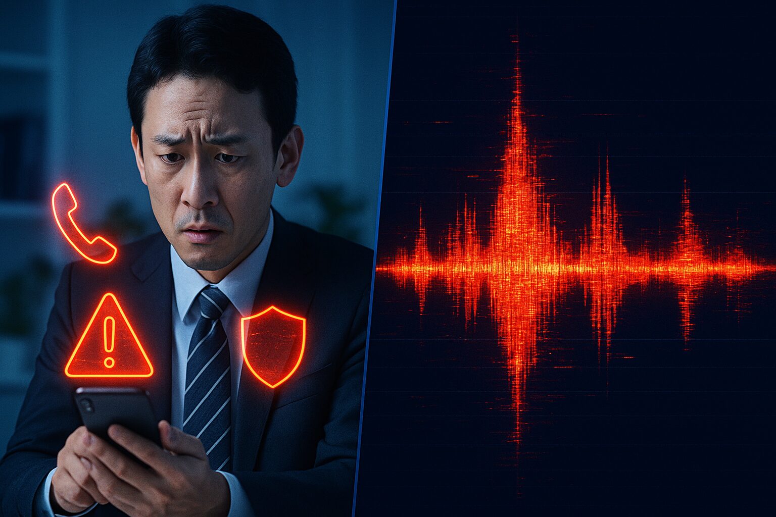 ビジネスパーソンがスマートフォンを持ち困惑している様子と、AIによる音声波形が歪んで表示されている警告画像。電話アイコン、警告マーク、シールドアイコンが浮かび、日本のオフィス環境を背景に、サイバーセキュリティの脅威を表現している。
