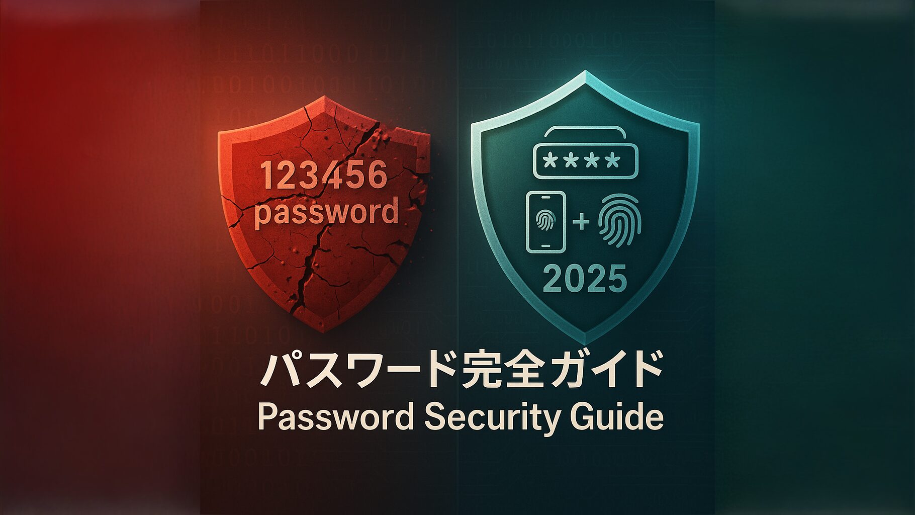 パスワードセキュリティ完全ガイド2025年版のサムネイル画像。左側に脆弱なパスワード「123456」と「password」が崩れる赤い盾、右側に強固な青緑の盾とパスワードマネージャー、多要素認証のアイコンが描かれている。中央に「パスワード完全ガイド」の文字。