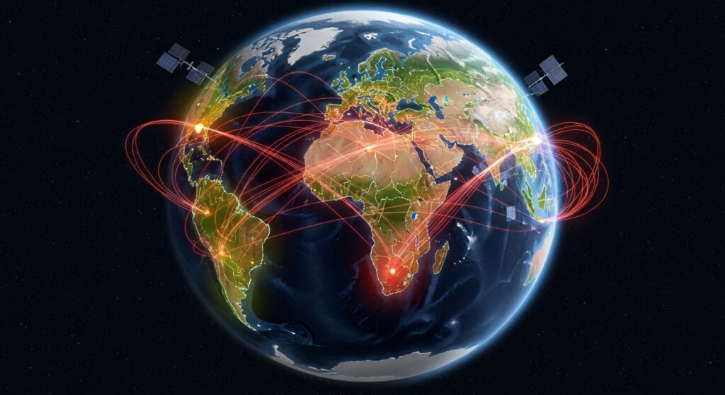 大陸間を横断するデジタル攻撃ベクターを示すサイバー戦争活動の世界地図視覚化。主要地域（中東、ロシア、中国、米国、ルーゴ）間を流れるサイバー攻撃を表す赤とオレンジの光る接続線。各地域は異なる色のオーラでハイライトされている。地球が目立つように表示された暗い宇宙背景に衛星ネットワークが見える。