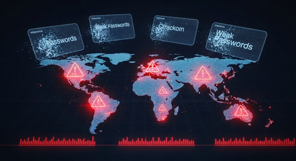 世界地図上に危険なパスワードの使用状況を示すサイバーセキュリティのイラスト。各大陸に赤い警告エリアが表示されている。