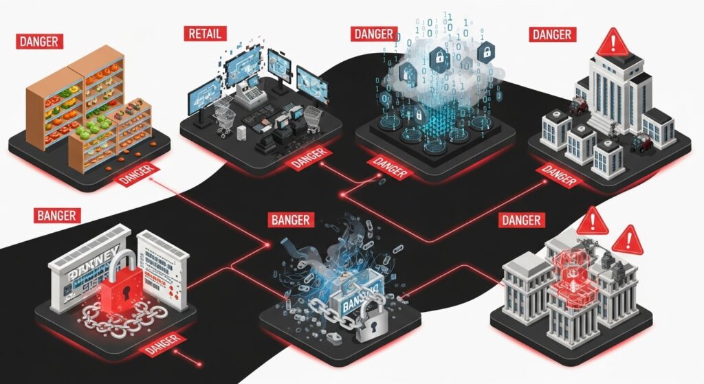 5つの相互接続されたサイバー攻撃シナリオを示すプロフェッショナルなインフォグラフィック風の視覚化。空の食料品店の棚、混乱した小売システム、浮遊するバイナリコードによる大規模データ侵害の視覚化、攻撃を受ける銀行システム、デジタル警告信号のある政府建物。各シナリオは赤い危険線で接続されている。