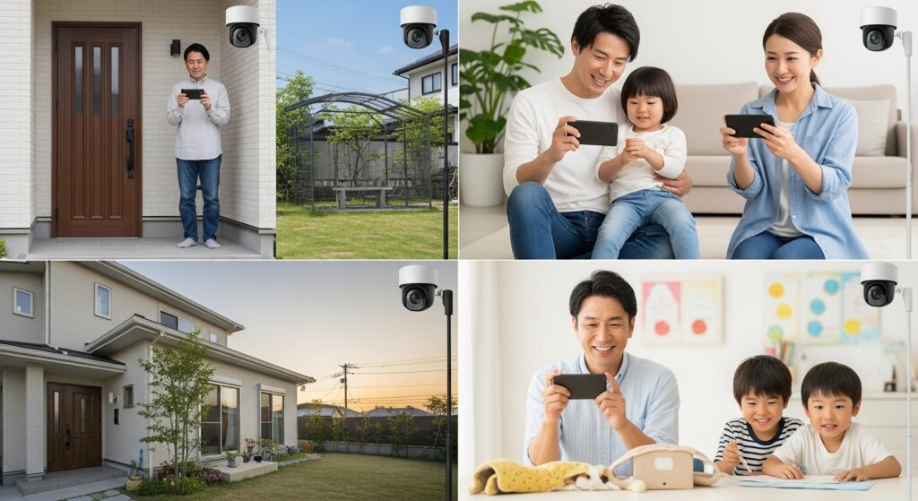 防犯カメラシステムが完全に設置された家庭で、満足そうな日本の家族がスマートフォンでカメラの映像を確認している。夕日の暖かい光の中で、技術と家庭生活が調和し、安心感に満ちた様子。