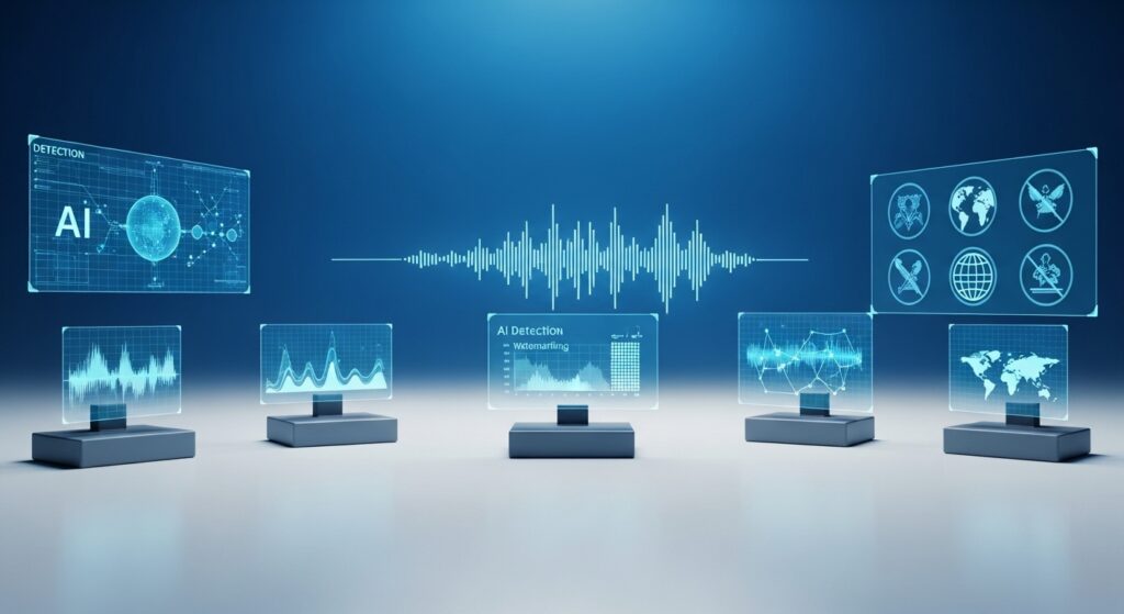 AI検知技術と音響透かし技術、世界各国の規制対応を表現した未来的な技術画像。ホログラフィック表示と分析システム