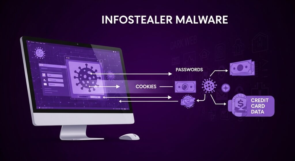 インフォスティーラーマルウェアの動作メカニズムを示す解説図。ブラウザから認証情報が盗まれる流れを可視化