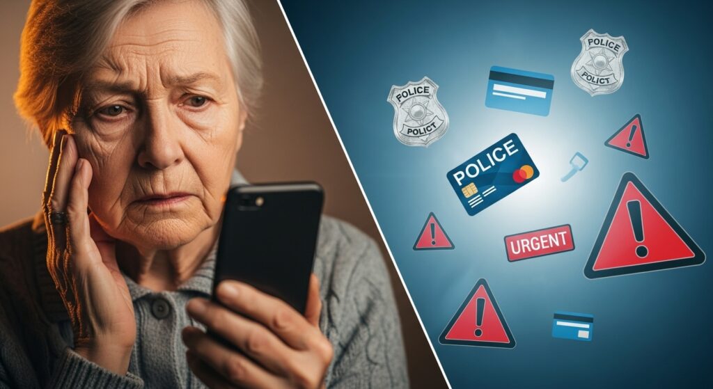 スマートフォンを持って心配そうな表情の高齢者と、空中に浮かぶ警察バッジやクレジットカードなどの偽装シンボル。詐欺の様々な手口を視覚的に表現している。