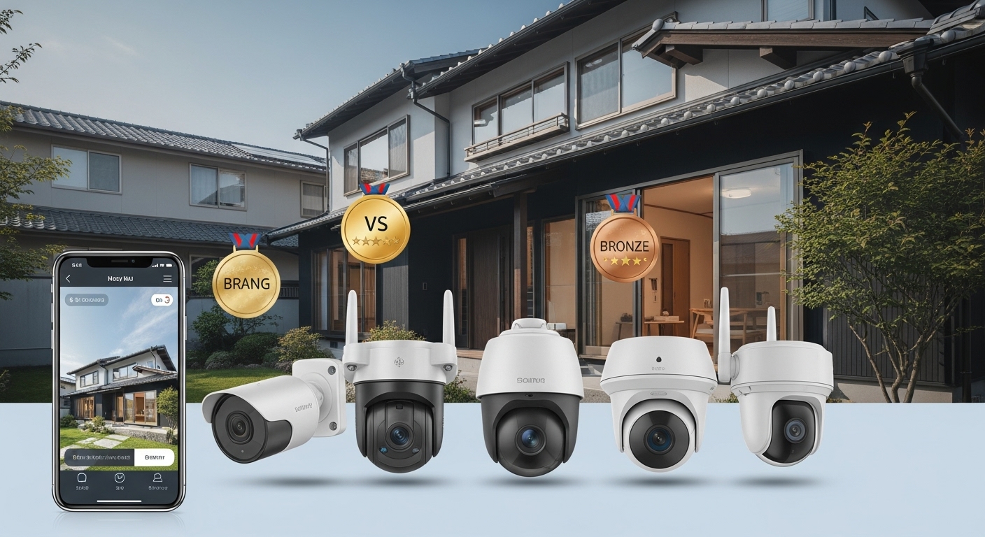 2025年版日本の家庭向け防犯カメラ完全ガイドのサムネイル画像。現代的な日本の家にさまざまなタイプの防犯カメラが設置されており、スマートフォンで監視映像を確認している様子。ランキング要素と専門的な比較チャートが含まれ、安心・安全をテーマとした親しみやすいデザイン。