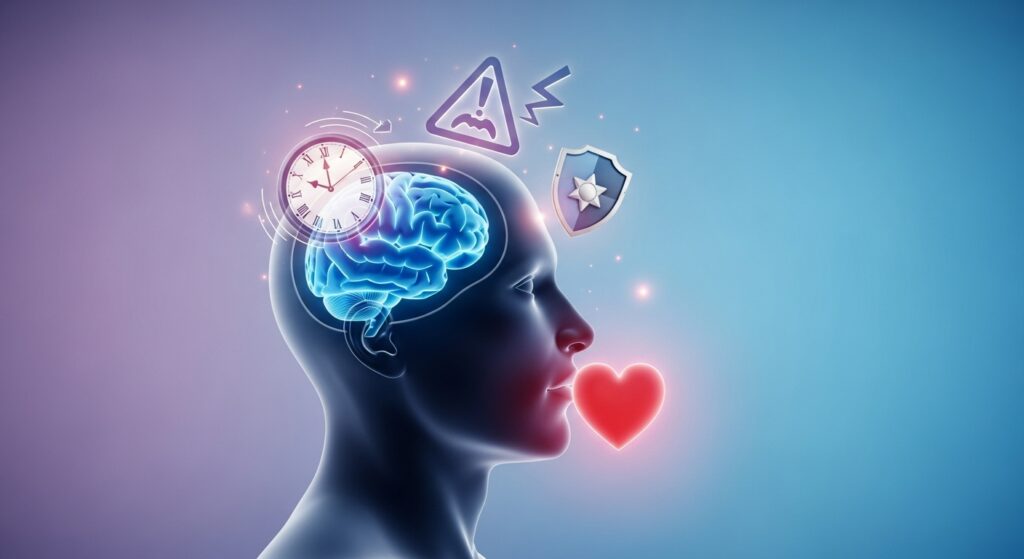 人間の脳と心理的操作要素を表現した画像。緊急性、権威、恐怖、信頼のシンボルが脳の周りに配置