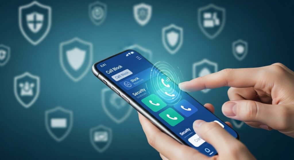 スマートフォンの着信拒否設定画面を操作する手元のクローズアップ。背景にはデジタルシールドや保護シンボルが重なり、包括的なセキュリティ対策を表現している。
