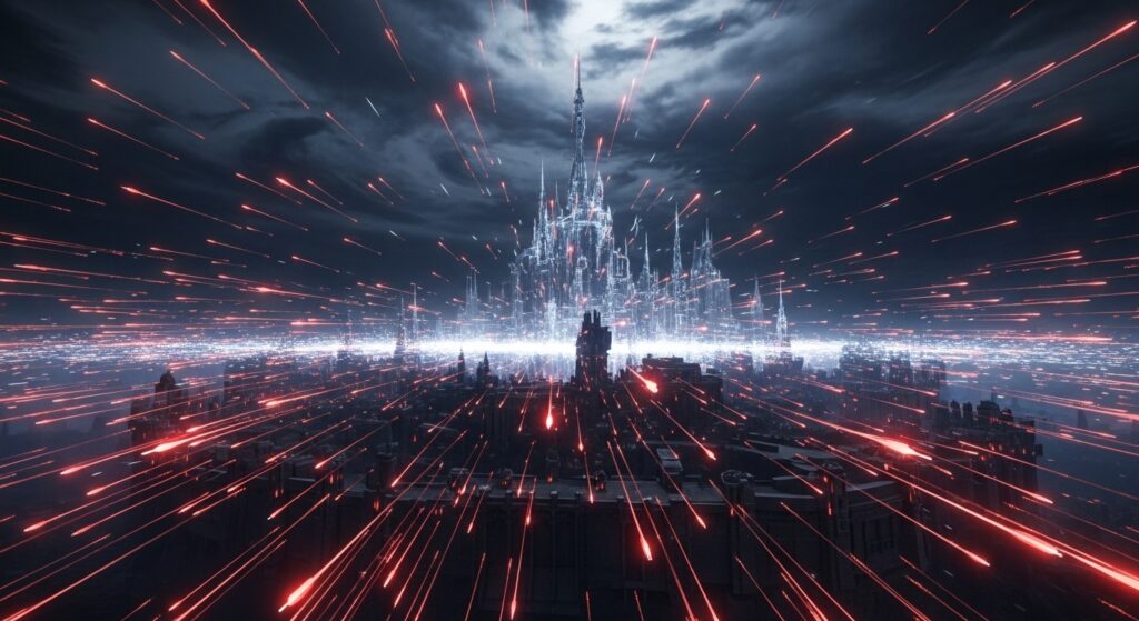 四方八方から赤く光る矢が飛来するFF14風の荘厳な城塞、魔法のバリアが攻撃を防ぎ、デジタル雲が渦巻く暗い空の下で攻城戦が繰り広げられる様子