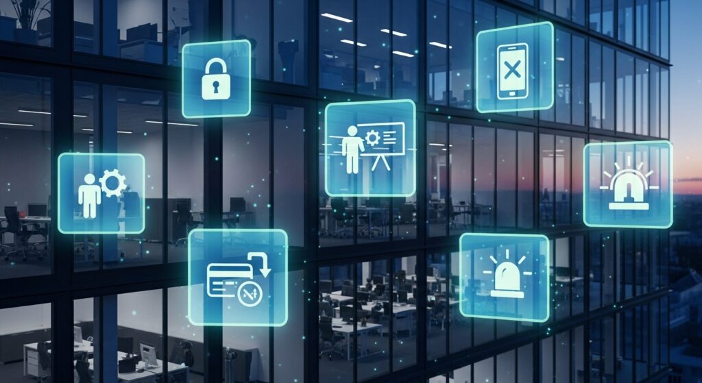 企業オフィスを守る多層防御システムを表現した画像。5つのセキュリティ要素がデジタルシールドで保護されている様子