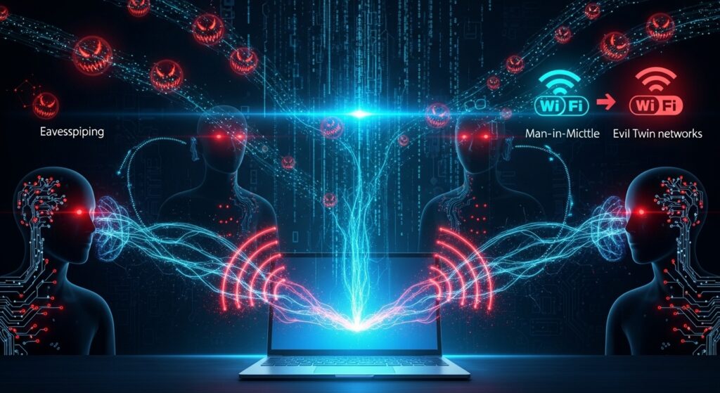 サイバー攻撃の脅威を視覚化したデジタルアート。データの傍受や不正アクセスの様子を抽象的に表現