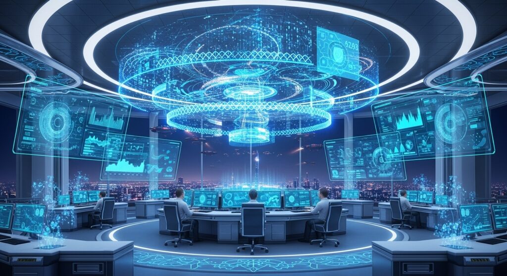 ホログラフィックネットワーク図やデータストリーム、防御バリアを表示する複数の浮遊スクリーンがある未来的なサイバーセキュリティ作戦室