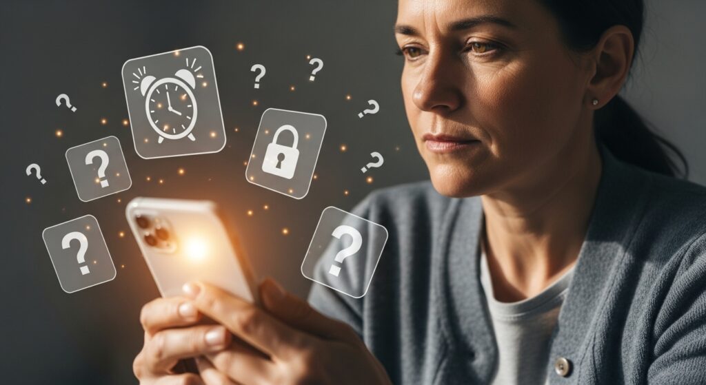 スマートフォンを持ちながら慎重に考える中年の人物。周囲には時計や鍵、疑問符などの警告アイコンが浮かび、危険な電話を見分ける判断力を表現している。