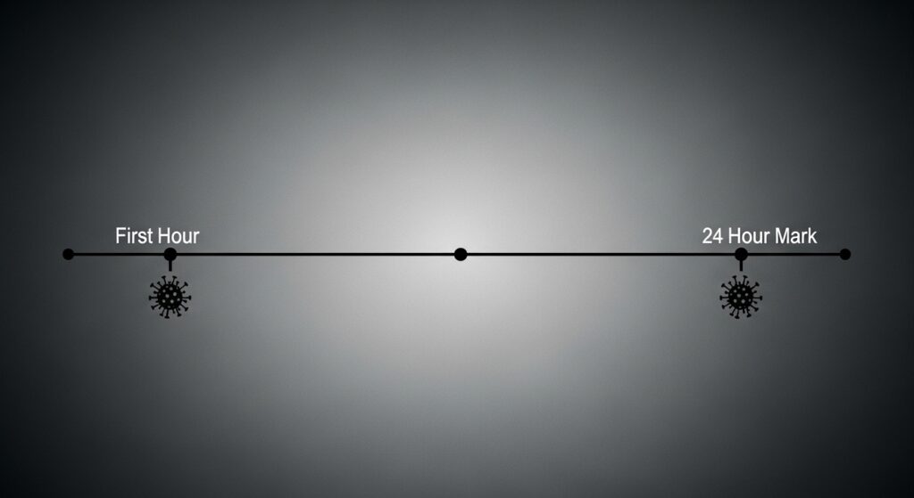 被害発生時の緊急対応手順を時系列で表現した画像。1時間以内の初期対応と24時間以内の正式手続きを視覚化