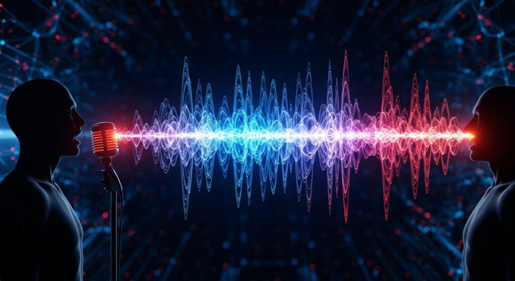 人間の音声がAI技術によってクローンされる過程を視覚化した画像。左側に話す人のシルエット、右側に複製された音声を表現