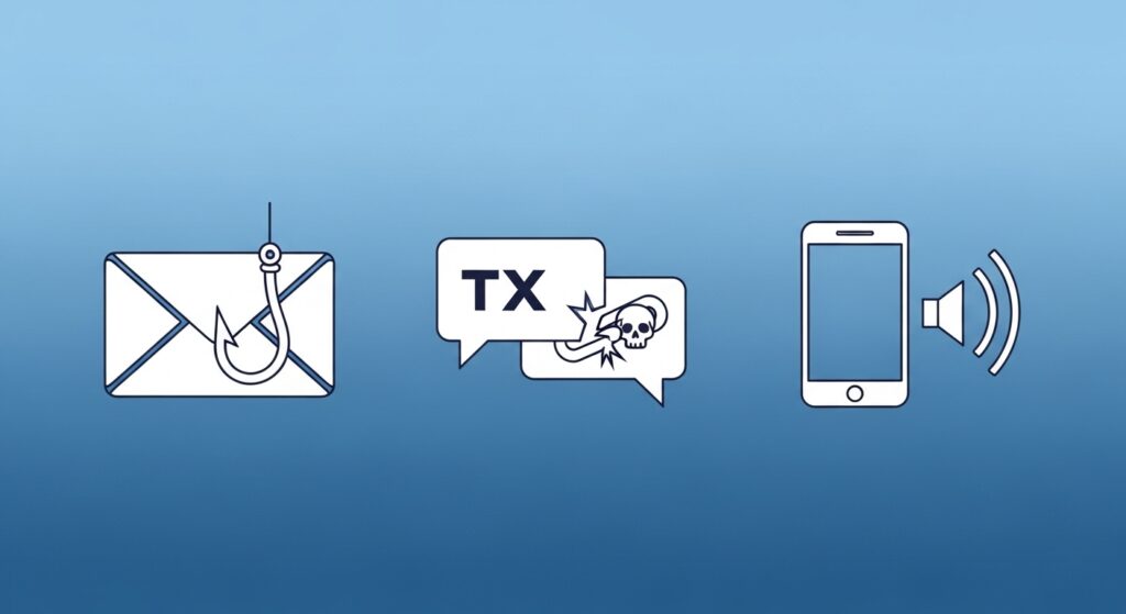 メール、SMS、音声通話の3つのコミュニケーション手段を並べて表示し、詐欺手法の進化を表現したイラスト