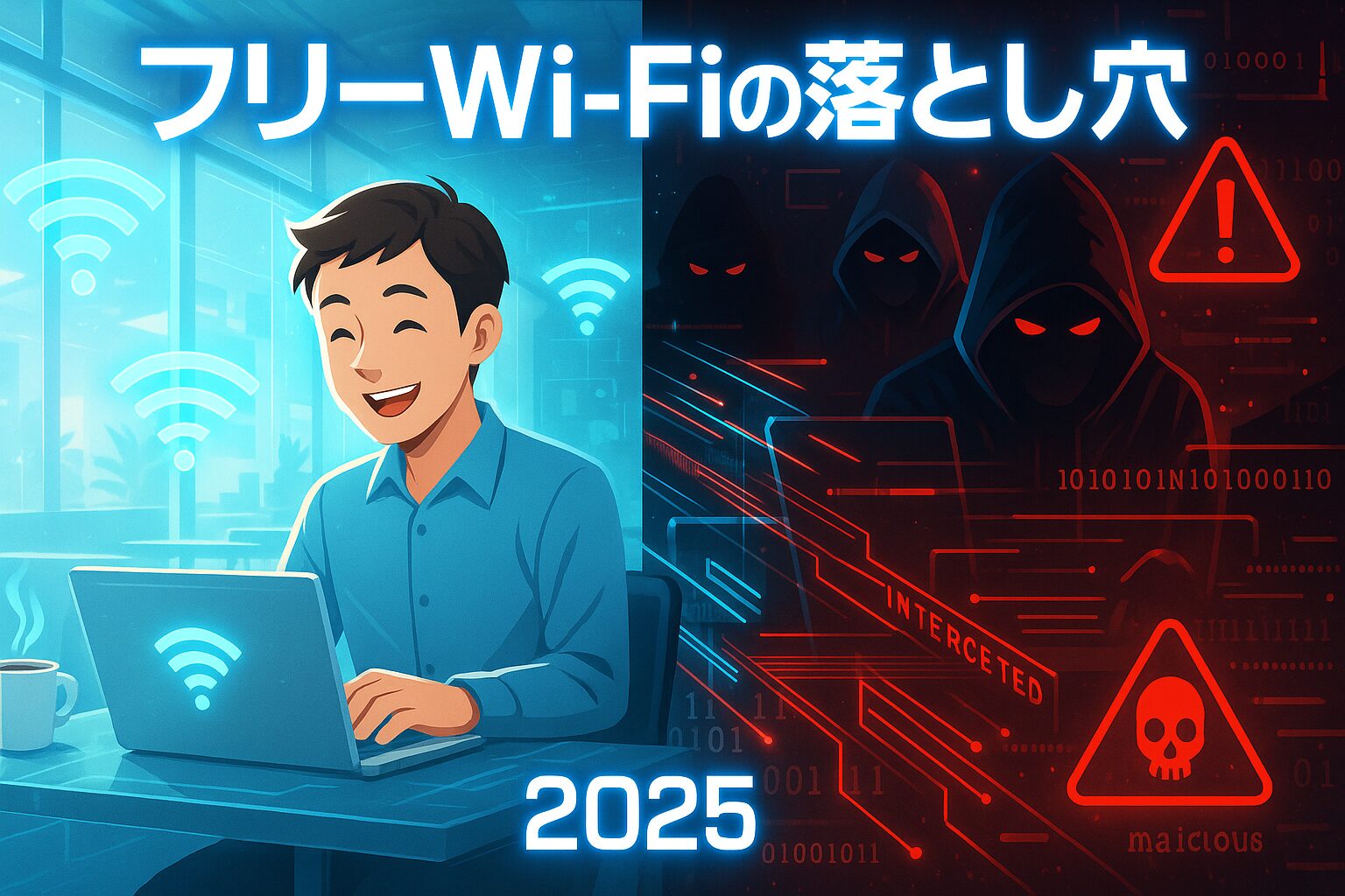 フリーWi-Fiの危険性を表現したイラスト。カフェでノートPCを使う人の周りにサイバー攻撃の脅威が描かれ、2025年のセキュリティリスクを視覚化