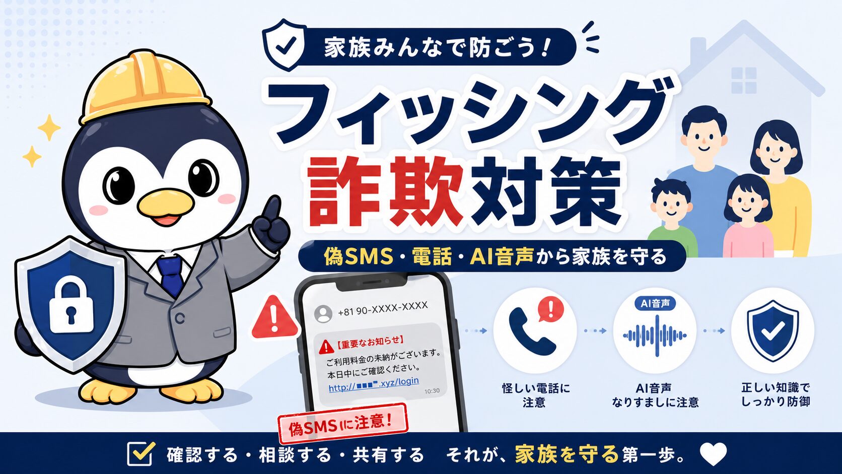 偽SMS、電話詐欺、AI音声詐欺から家族を守るフィッシング詐欺対策を解説するイメージ