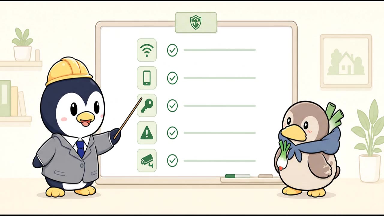あんぺん先生とかも次郎が家庭のデジタル安全チェックを案内するイラスト
