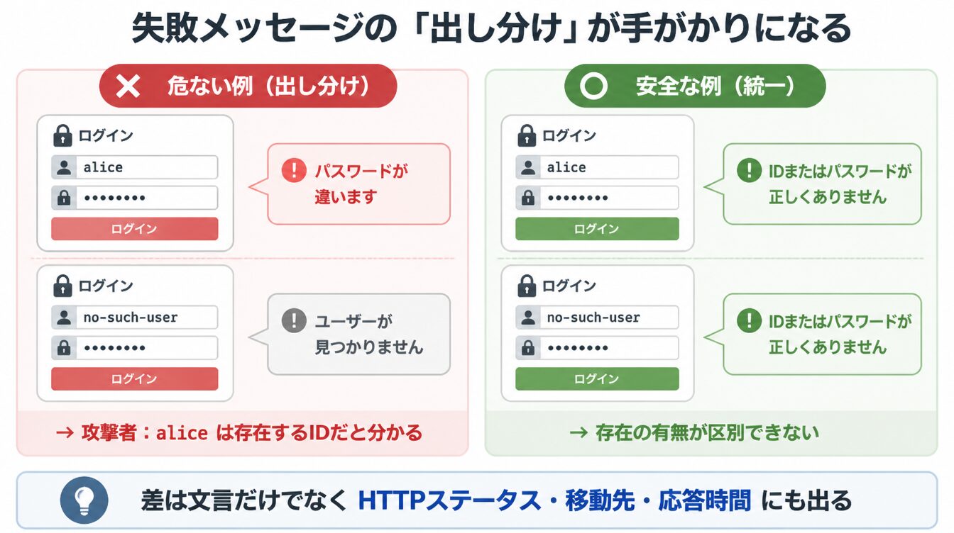 ログイン失敗時に存在IDと非存在IDで文言を出し分ける危険な例と、文言を統一した安全な例の比較図