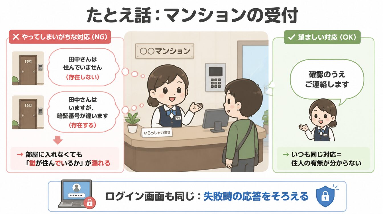 受付が住人の有無で対応を変えると誰が住むか漏れる例と、いつも同じ対応で守る例を描いたたとえ図