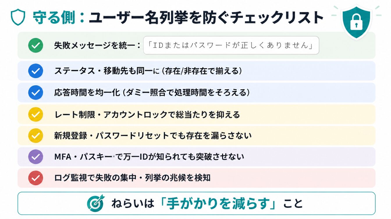 失敗メッセージ統一・ステータス均一・応答時間均一・レート制限・MFA・ログ監視を並べた守り側チェックリスト図