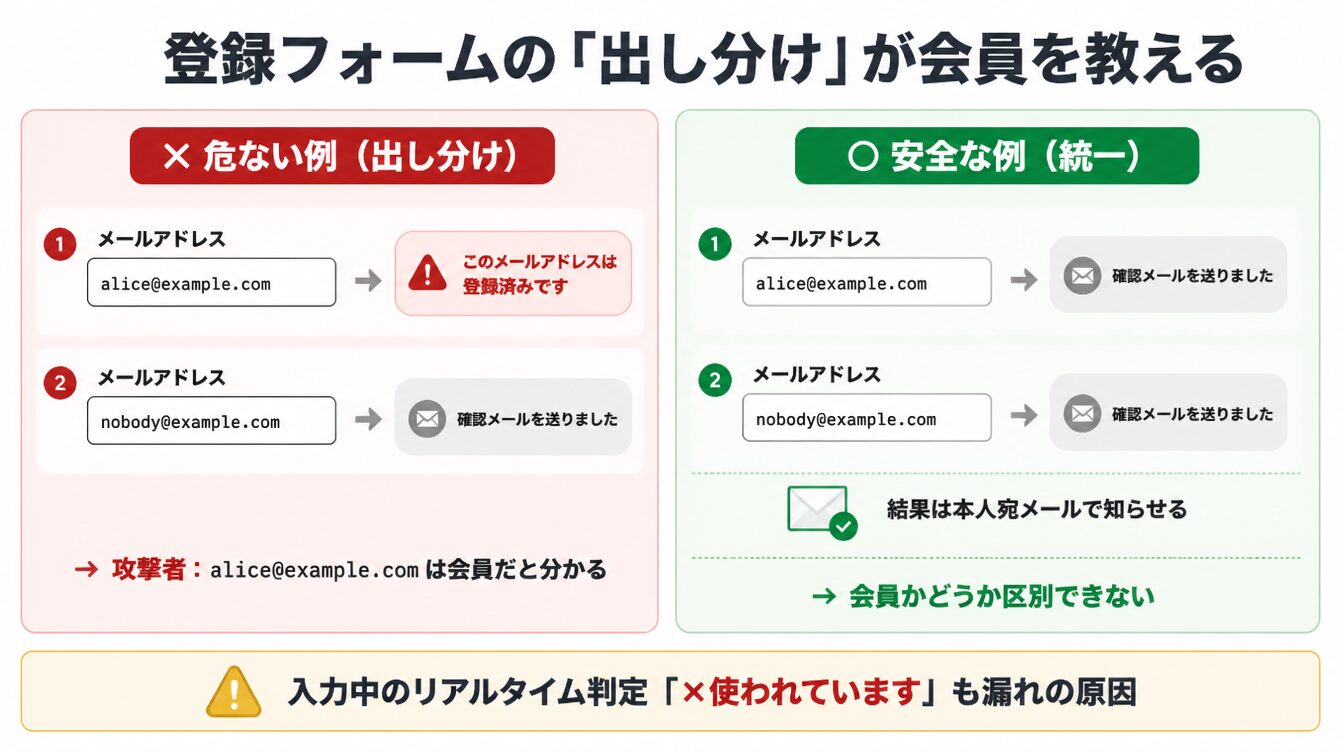 新規登録で登録済みメールと未登録メールに別の表示を返す危険な例と、表示を統一し結果をメールで返す安全な例の比較図