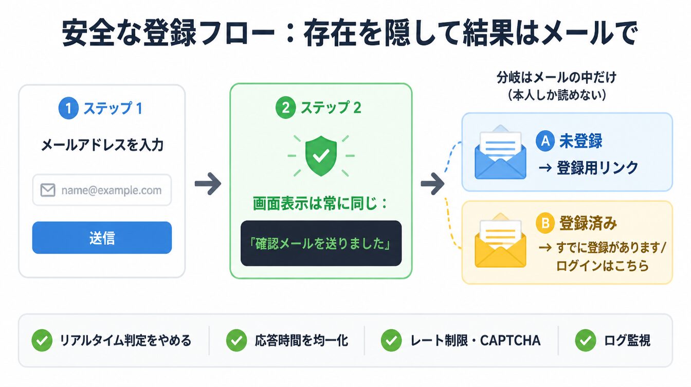 画面表示を一定にし登録済み/未登録の分岐をメールの中だけで行う安全な登録フローと守り側チェックリストの図