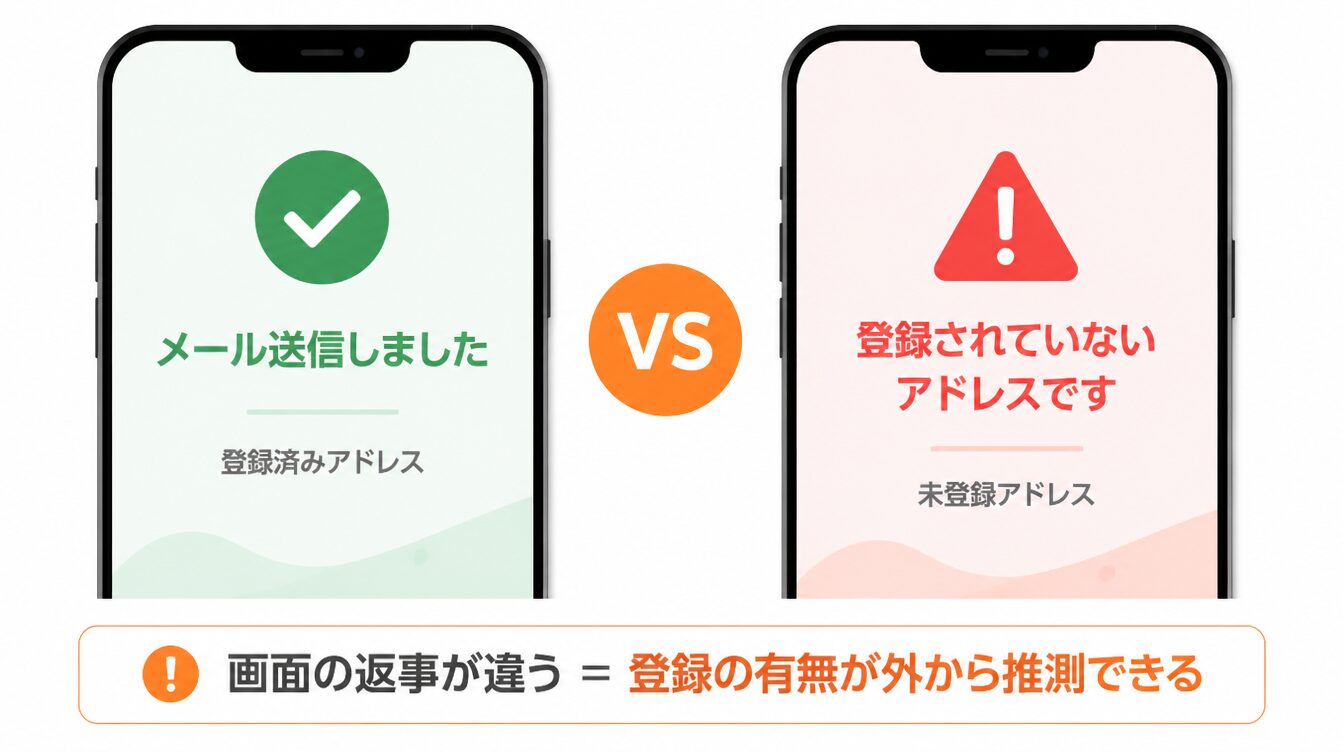 登録済みアドレスは「メール送信しました」、未登録アドレスは「登録されていないアドレスです」と表示が異なる比較図