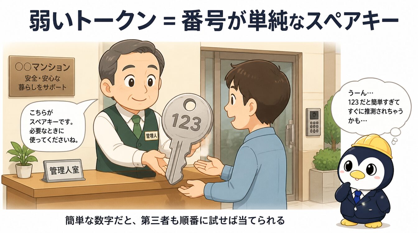 マンションの管理人が「123」と書かれた単純なスペアキーを利用者に渡している様子のたとえ図