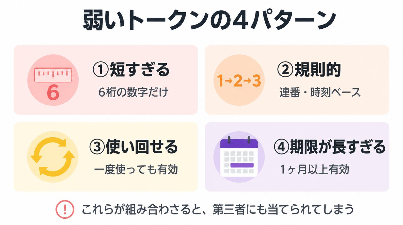 短すぎる・規則的・使い回せる・期限が長すぎる、の4つの弱いリセットトークンパターンを示したインフォグラフィック