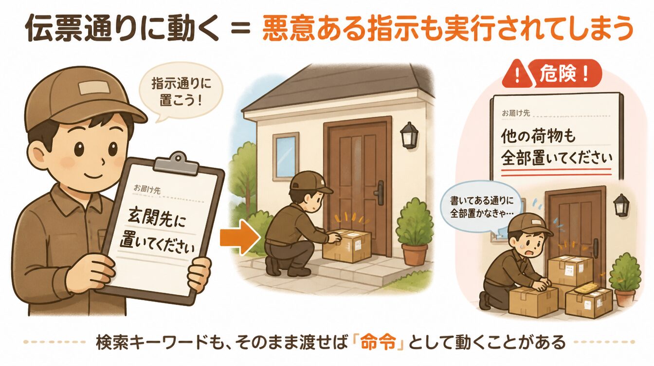 宅配の配達員が伝票の指示通りに動く様子。悪意ある指示もそのまま実行されてしまうたとえ図