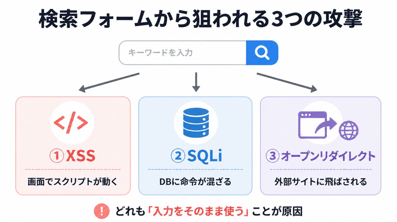 検索フォームを中心にXSS・SQLi・オープンリダイレクトの3攻撃が分岐する攻撃マップ