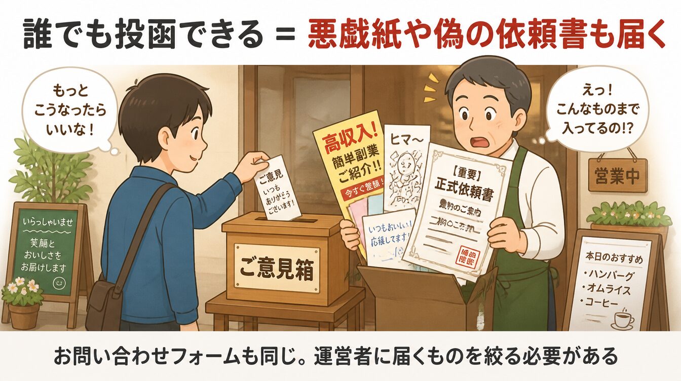 店頭のご意見箱に色々な紙が投函されている様子のたとえ図。お問い合わせフォームも同じ構造